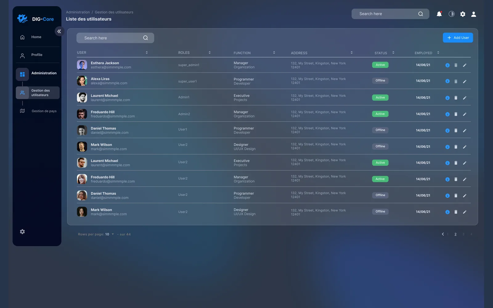 DigCore user administration table with roles, status, account actions, and navigation