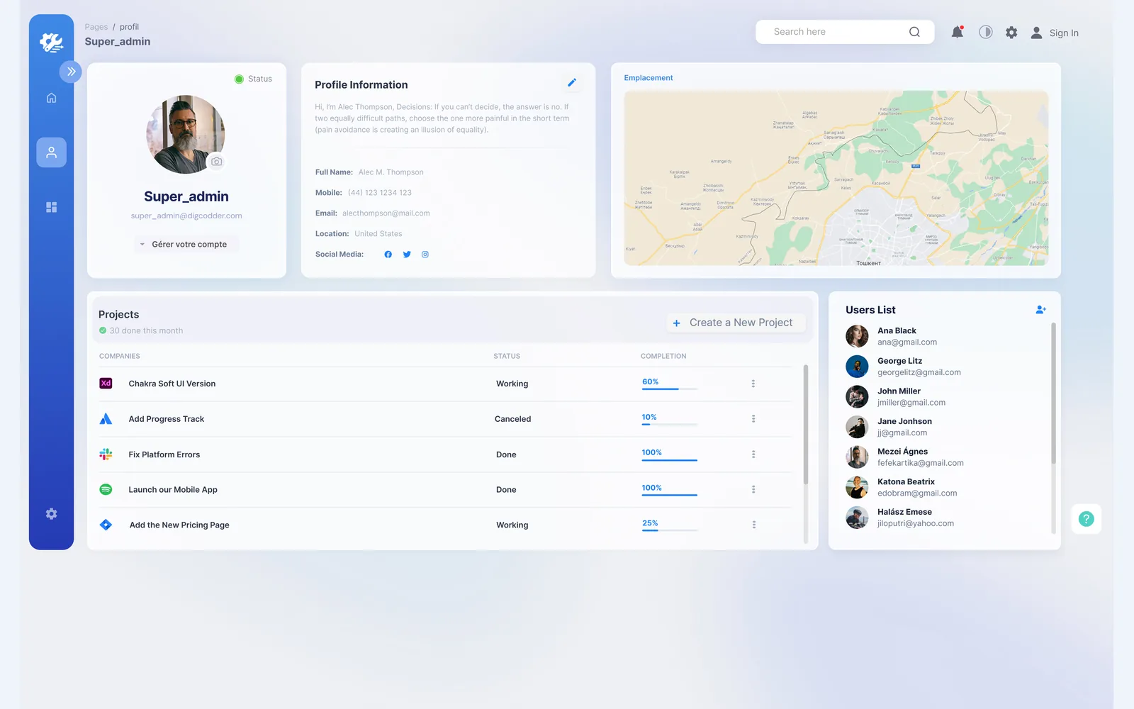 DigCore profile workspace with account details, map, project progress, and team member list