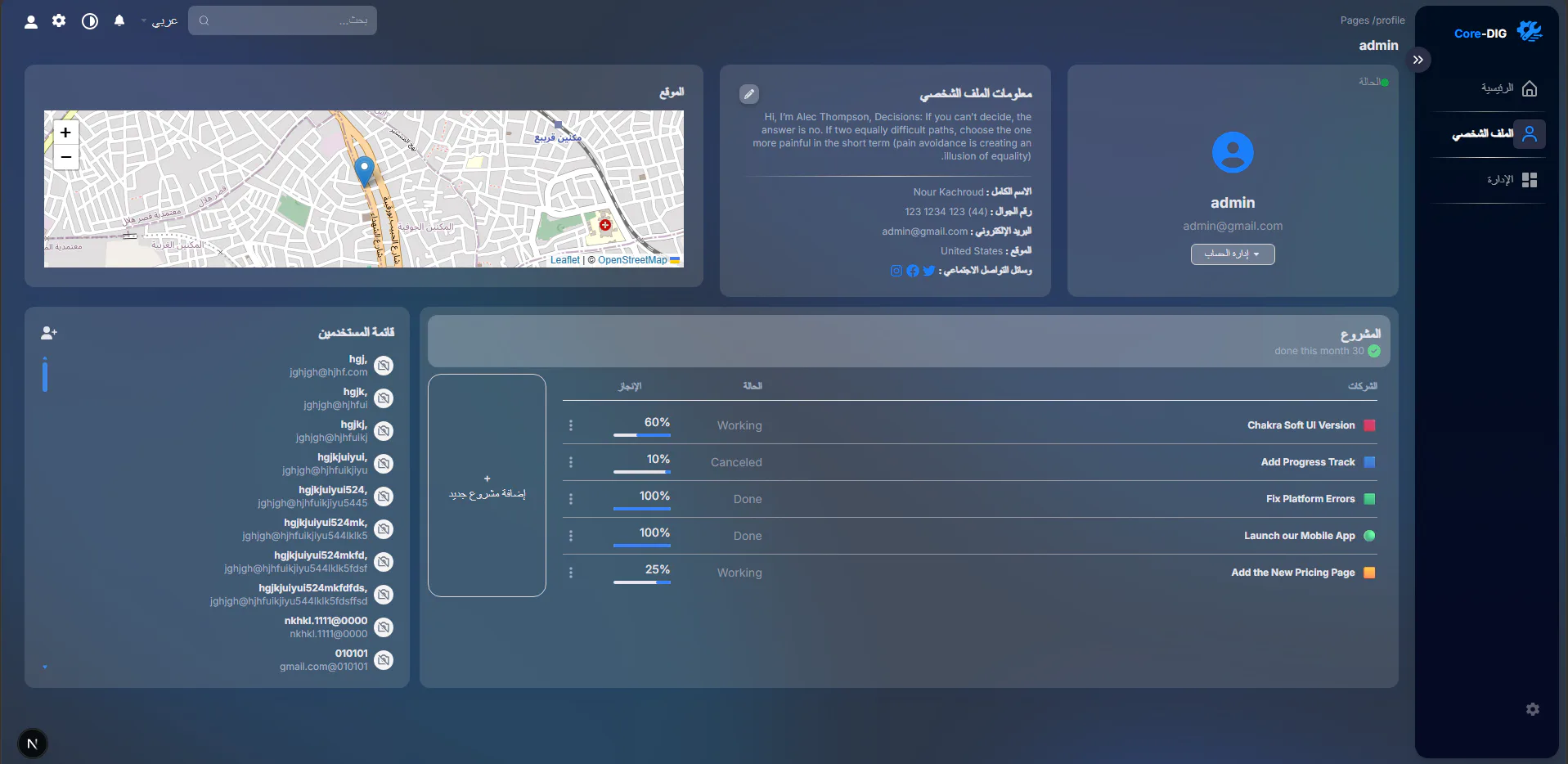 Arabic right-to-left DigCore interface with profile details, map, projects, user list, and navigation