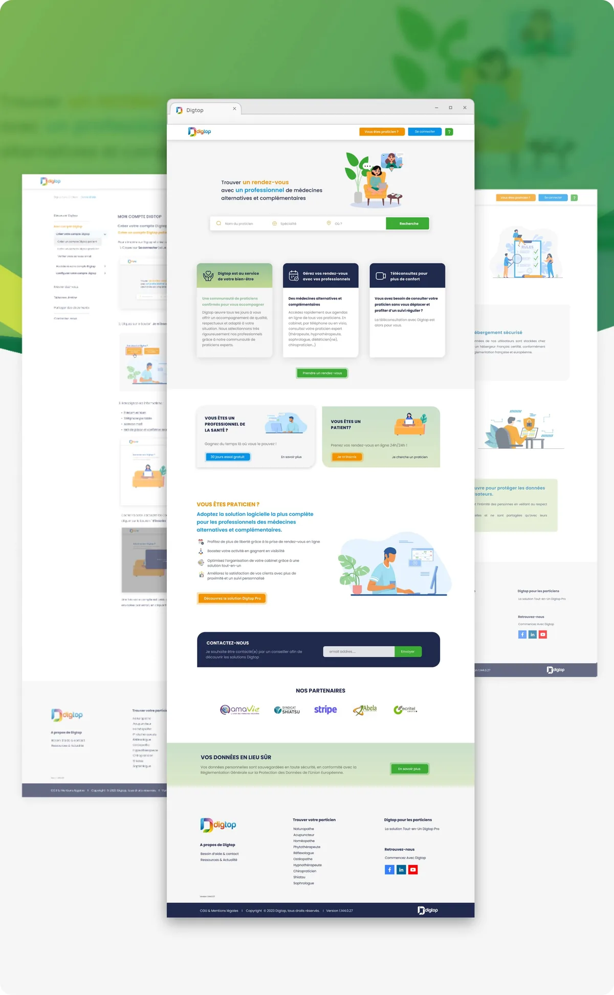 Digtop platform presentation with practitioner search, appointment and teleconsultation services, professional offer, partners, and privacy content