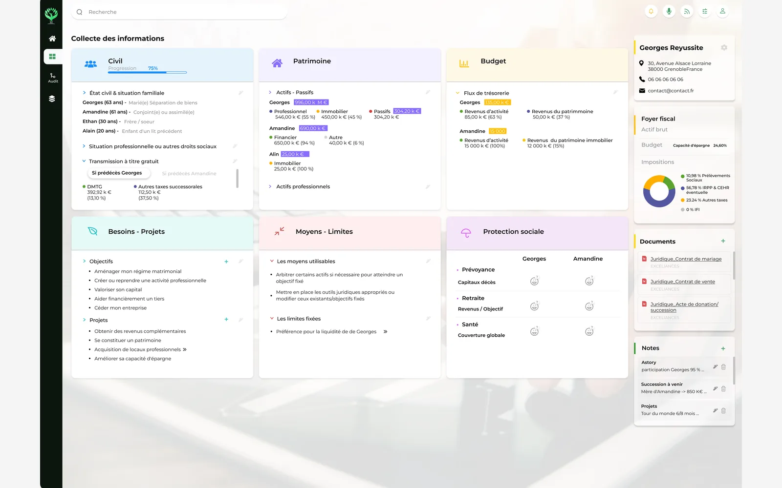 EASY wealth-management dashboard with civil status, assets, budget, projects, social protection, documents, notes, and tax indicators