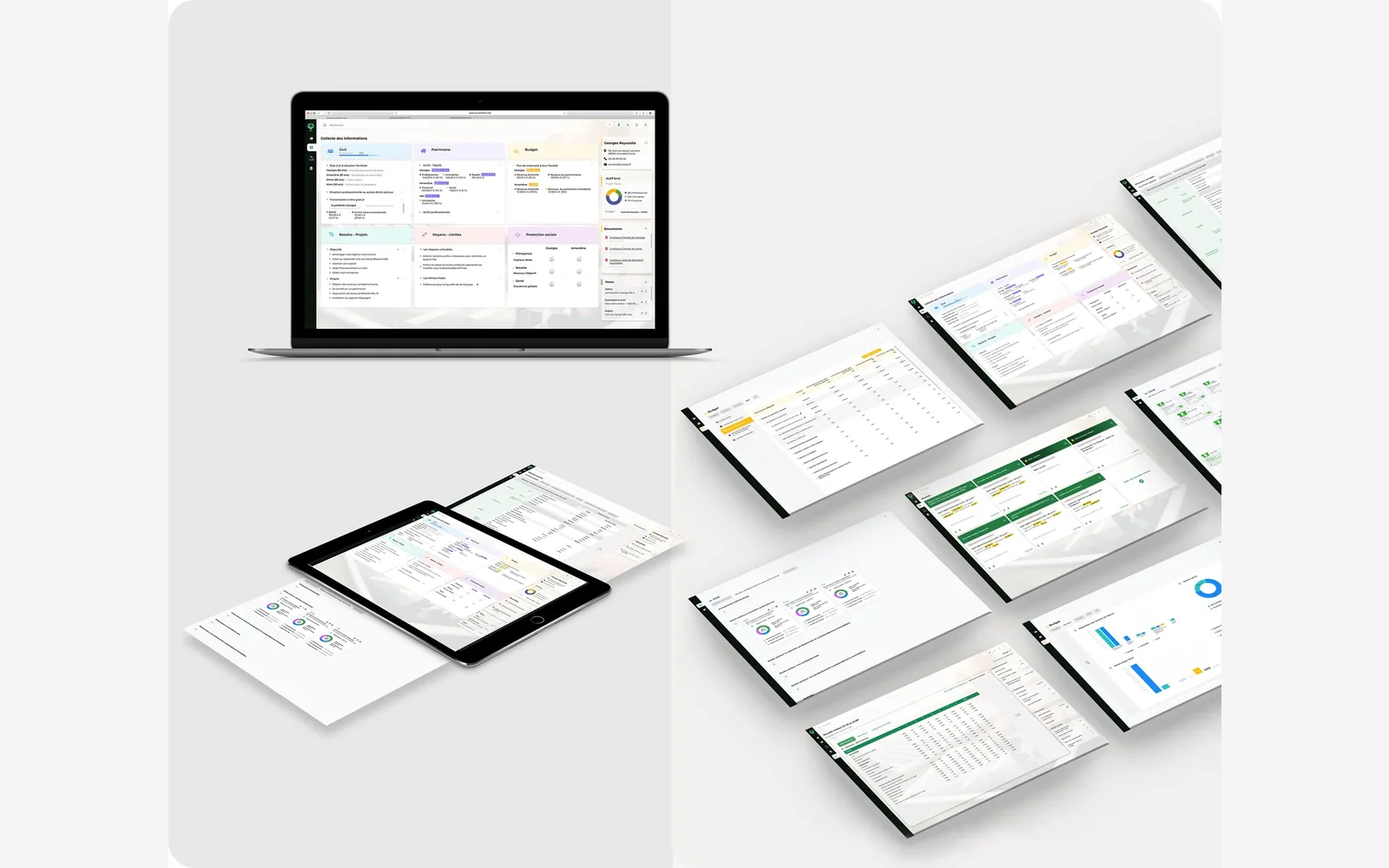 Responsive EASY wealth-management platform shown across desktop and tablet screens with portfolio, budget, tax, and reporting modules