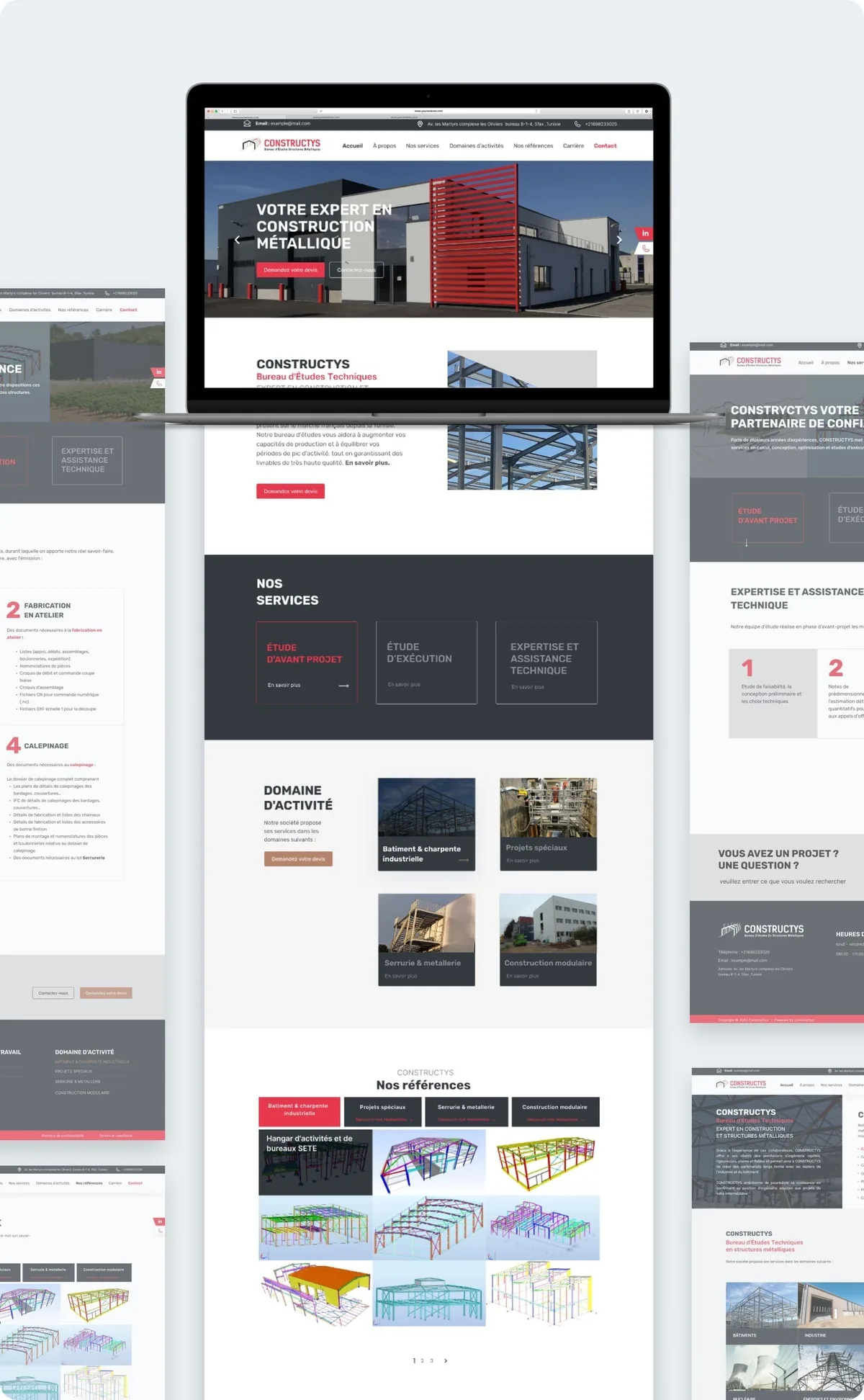 Constructys Ingénierie website presentation with desktop homepage, services, activity areas, and structural engineering references