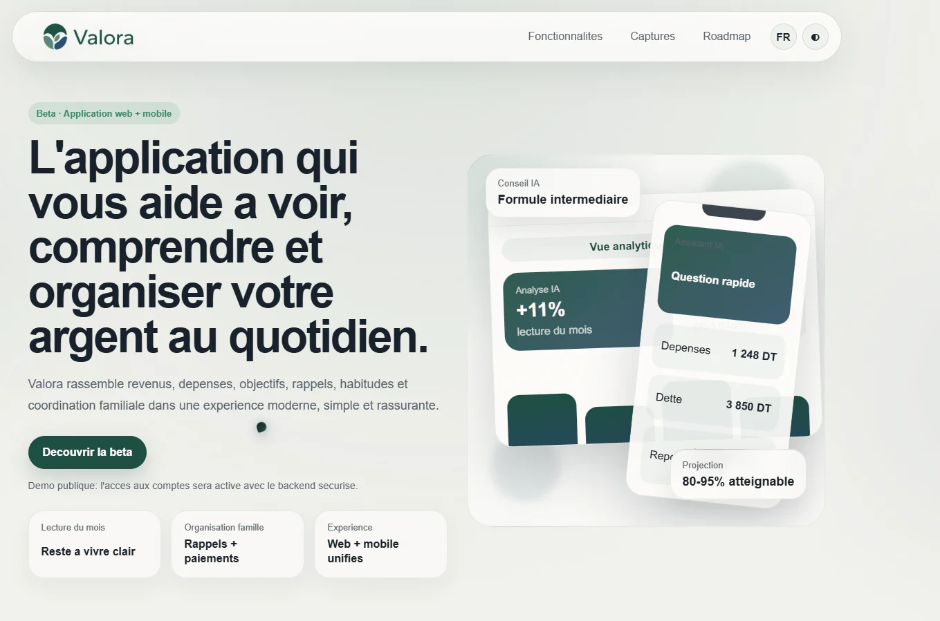 Valora beta product page introducing financial guidance, daily money organisation, AI assistance, and web and mobile experiences
